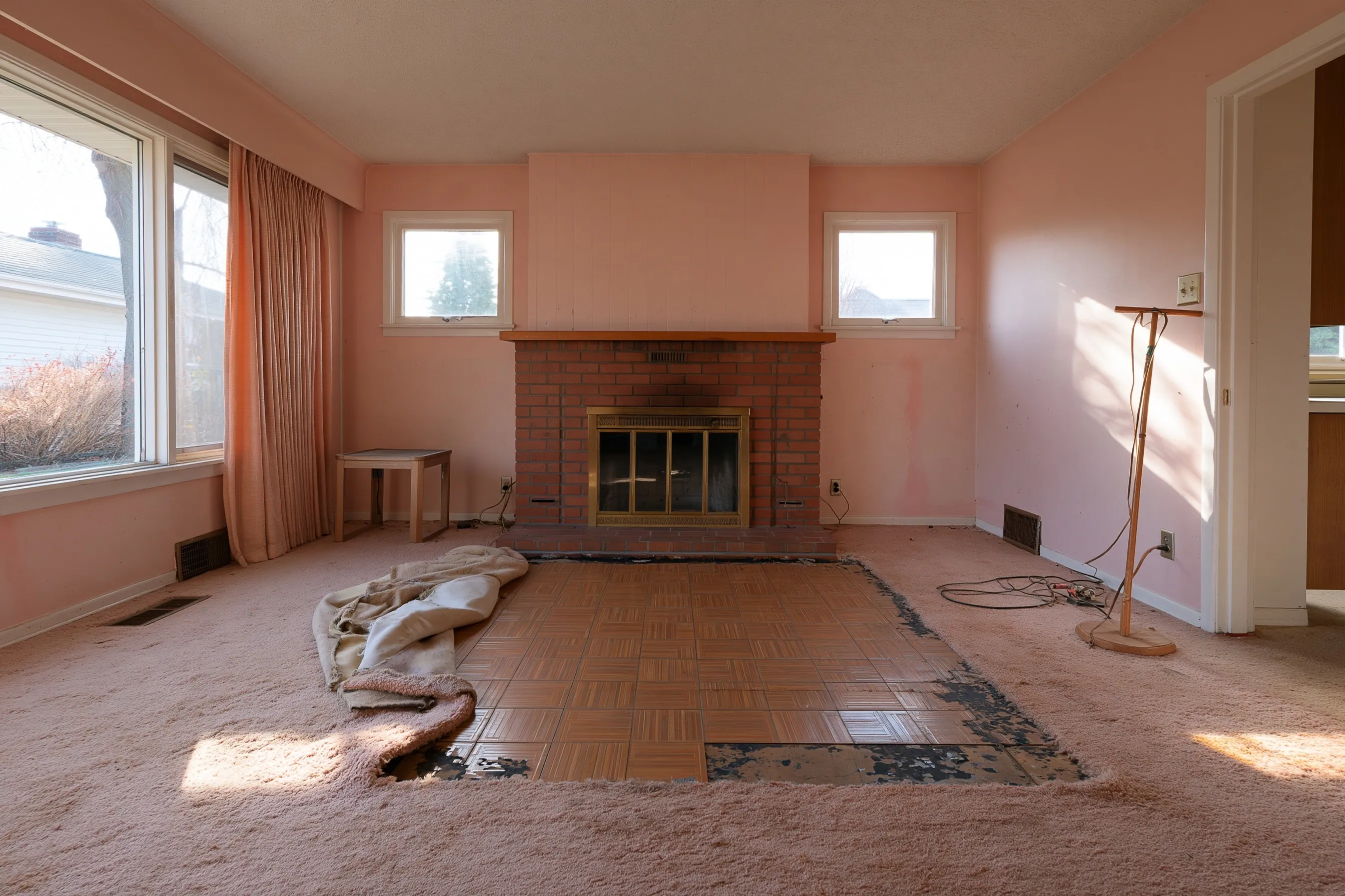 A 1960s living room with the carpet rolled back over square floor tiles and black adhesive