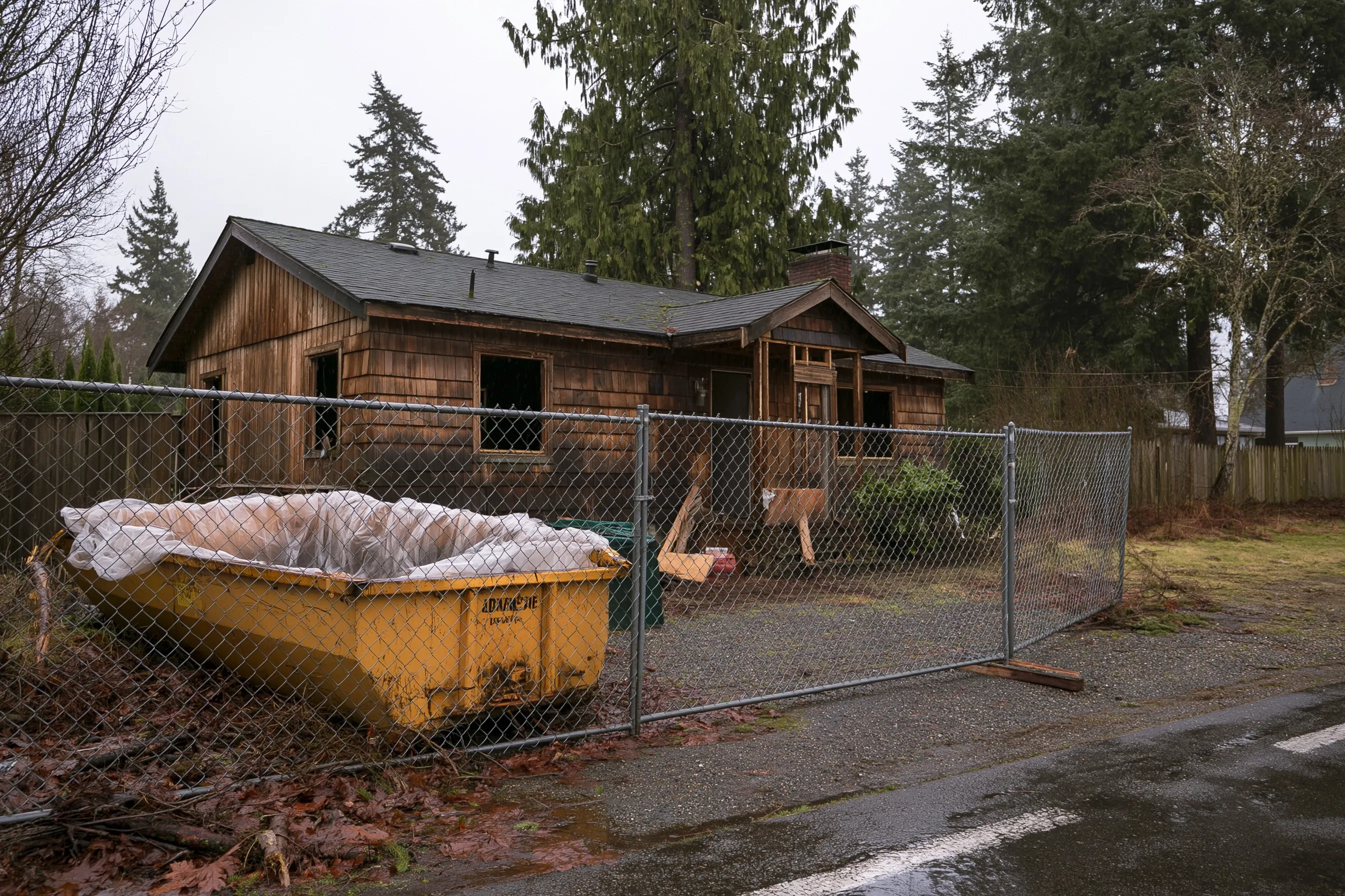 Older wood-sided house behind a chain-link fence ready for demolition, with a lined dumpster, wet gravel and fir trees on a gray day