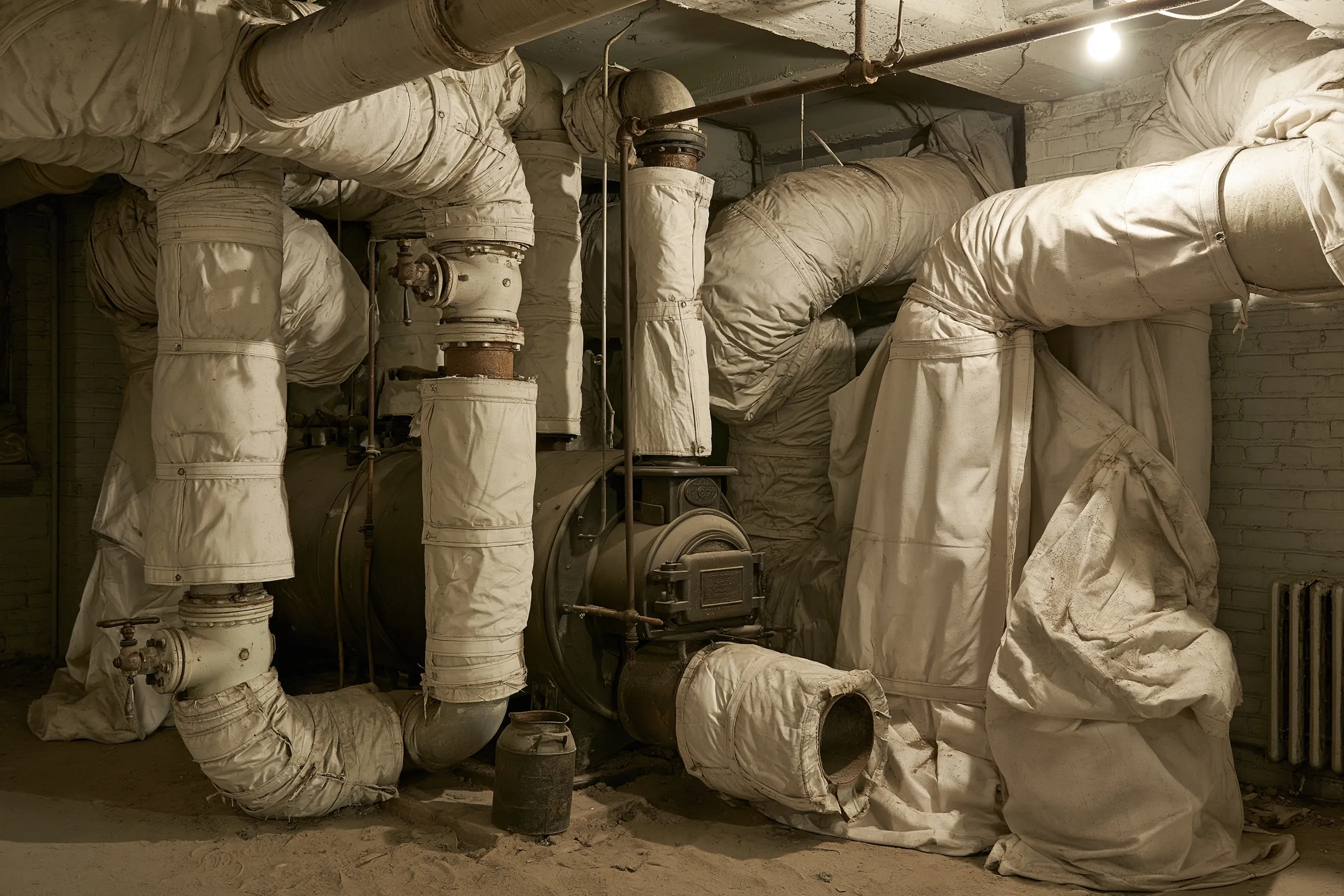 Basement mechanical room with an old boiler and pipes covered in white wrapped insulation